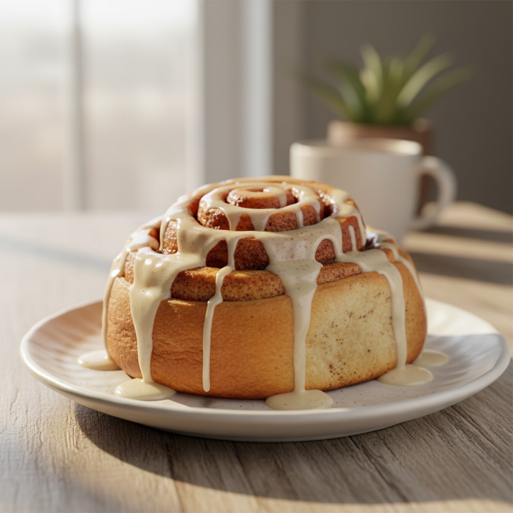 A golden-brown, spiral-shaped cinnamon roll with white icing on a white plate sitting on a wooden table. A potted plant an...